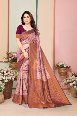 HouseOfCommon Woven, Geometric Print, Floral Print Kanjivaram Pure Silk, Silk Blend Saree(Pink, Magenta)