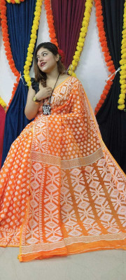 OWALID Self Design Jamdani Cotton Silk Saree(Orange)