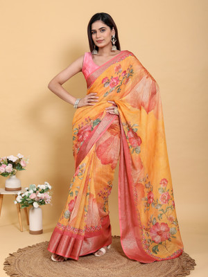MAA CREATION Floral Print, Printed Bollywood Jacquard Saree(Yellow, Pink)