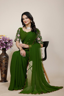 SAADHYA CREATION Embroidered, Solid/Plain Bollywood Georgette Saree(Light Green)