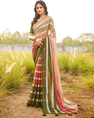 Satrani Embroidered, Woven, Striped Bollywood Georgette Saree(Green, Pink, Beige)