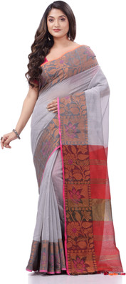 Desh Bidesh Woven, Floral Print, Striped, Solid/Plain, Self Design Handloom Handloom Pure Cotton, Cotton Silk Saree(Grey, Red)