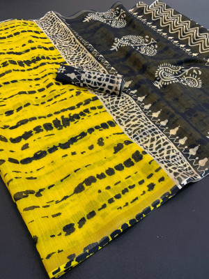 sdgratitud Printed Daily Wear Linen, Tussar Silk Saree(Yellow, Black)