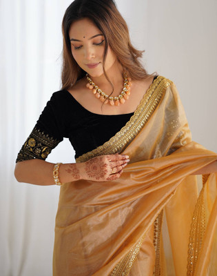 Hirank Embellished, Embroidered Bollywood Net Saree(Gold)