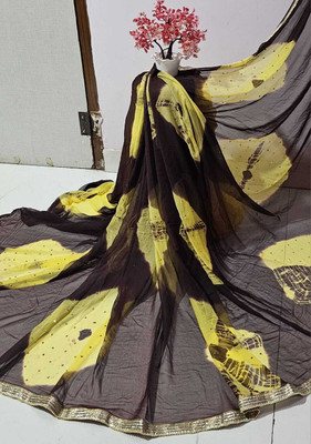 Lambu Fashion Color Block, Printed, Self Design, Geometric Print Bandhani Chiffon Saree(Brown)