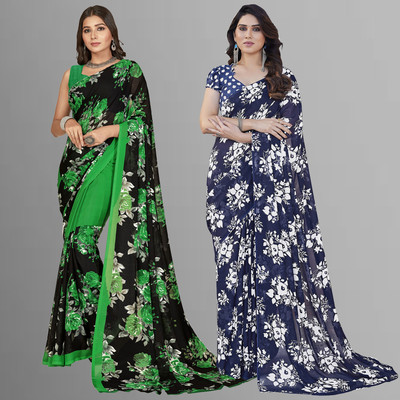 kashvi sarees Floral Print Daily Wear Georgette Saree(Pack of 2, Green, Black, Blue)
