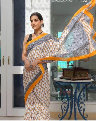 KIAAN CREATION Printed, Digital Print Kanjivaram Linen, Cotton Blend Saree(Cream)