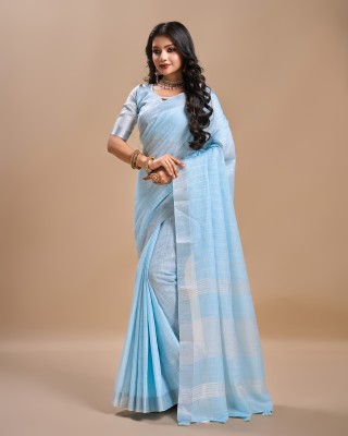 NEGRONI Solid/Plain Daily Wear Linen Saree(Blue)