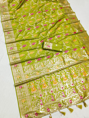 Keswi Fab Woven Banarasi Jacquard, Pure Silk Saree(Light Green)