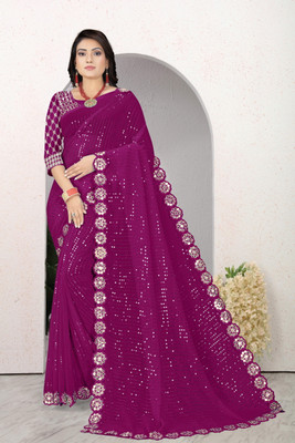 R K ENTERPRISE Embroidered Berhampuri Georgette Saree(Purple)