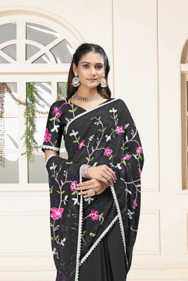 ViTRAG Fashion Embroidered Bollywood Georgette Saree(Black)