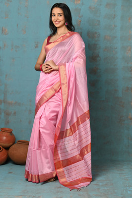 Very Much Indian Woven Maheshwari Cotton Silk Saree(Pink)