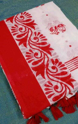 SMRITI CREATION Printed Handloom Handloom Pure Cotton Saree(White, Red)
