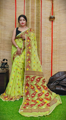 maa agameswari Self Design Jamdani Cotton Silk Saree(Pack of 2, Dark Green)