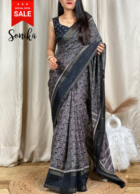 Femane Printed Kalamkari Cotton Silk Saree(Black)