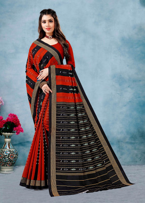 pasapalli Printed Sambalpuri Cotton Blend Saree(Orange, Red, Maroon)