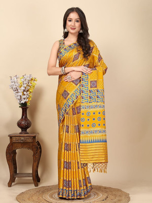J6 Designers Applique Banarasi Art Silk Saree(Yellow)
