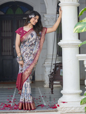 ANOUK Printed Pochampally Viscose Rayon Saree(Beige)