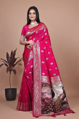 Trushna Fashion Printed Banarasi Pure Silk Saree(Magenta)