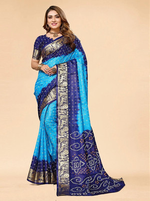 rajranitextiles Hand Painted Bandhani Georgette Saree(Blue)