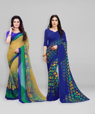 kashvi sarees Paisley, Geometric Print, Floral Print Daily Wear Georgette Saree(Pack of 2, Blue, Beige)