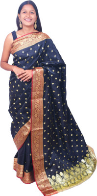Ansari Fabrics Printed Kanjivaram Satin Saree(Dark Blue)