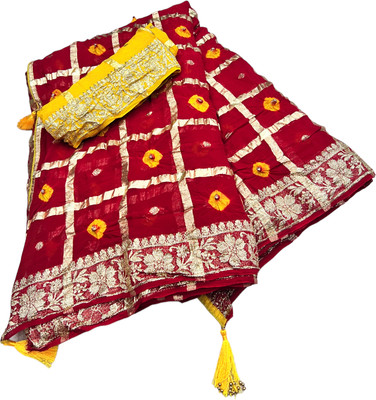 MINE CHOICE Self Design Bandhani Georgette, Viscose Rayon Saree(Red, Gold)