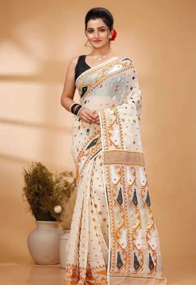 M STORE Printed Jamdani Cotton Silk Saree(Cream)