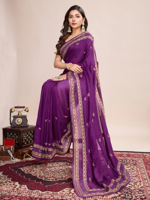 LEOSAGI Embroidered Bollywood Pure Silk Saree(Purple)