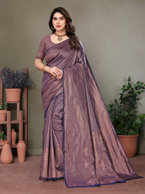 Vedant Vastram Floral Print Banarasi Jacquard Saree(Dark Blue)