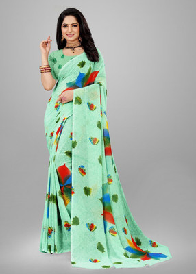 Sitanjali Floral Print Daily Wear Georgette Saree(Light Green)