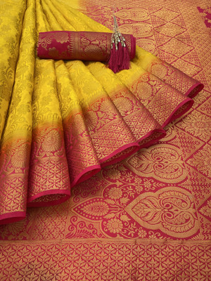 GajGajra Self Design Kasavu Silk Blend Saree(Gold, Pink)
