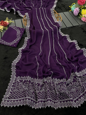 JennyFeb Villa Embellished Bollywood Pure Silk Saree(Purple)