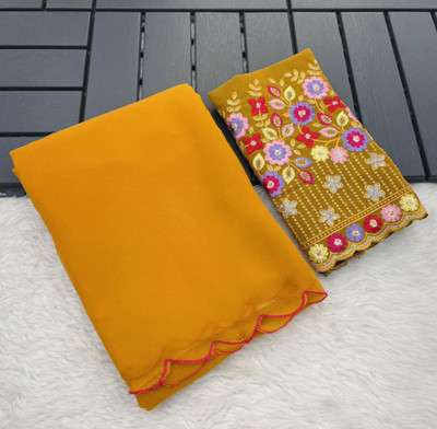 V AMAN FASHION Solid/Plain, Self Design Bollywood Georgette Saree(Mustard)