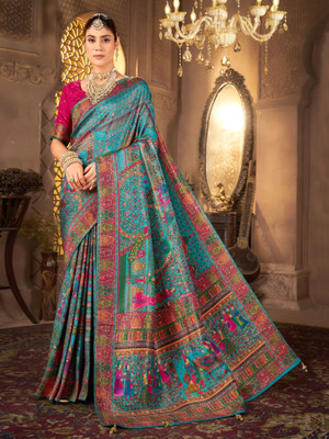 Sariya Woven, Digital Print Madhubani Pure Silk, Jacquard Saree(Light Blue)