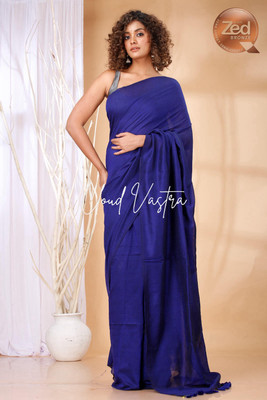 cloud vastra Solid/Plain Bollywood Pure Cotton Saree(Blue)