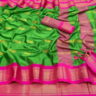 VISVASTA Woven Paithani Jacquard, Cotton Silk Saree(Green)