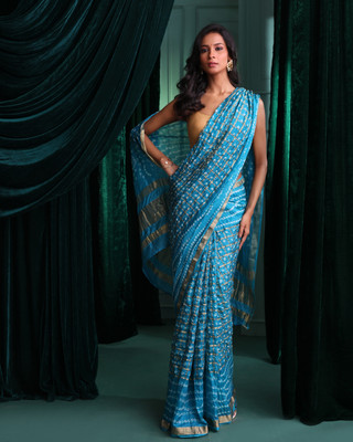 Indethnic Printed Bandhani Polyester Saree(Blue)
