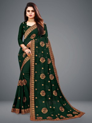 VGHC FASHION Embroidered, Self Design Bollywood Silk Blend, Satin Saree(Dark Green)
