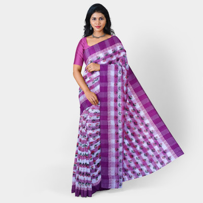 Mayabi Printed Tant Pure Cotton Saree(White, Purple)
