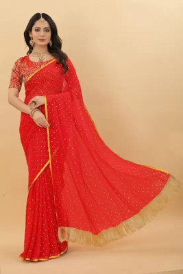 Desi Style Embroidered Bollywood Net, Chiffon Saree(Red)