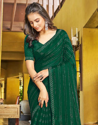 Satrani Dyed, Embellished, Self Design Bollywood Chiffon Saree(Dark Green)