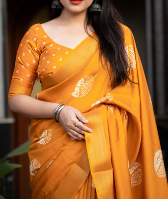 srikastbhanjan Printed Bollywood Cotton Silk Saree(Yellow)