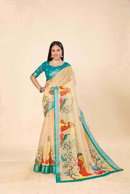 Ethnic Trendz Digital Print Saree with Attached Blouse Cotton Linen Saree(Multicolor)