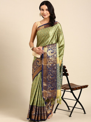 yourwish Woven, Checkered, Embellished, Self Design Dharmavaram Jacquard, Cotton Silk Saree(Light Green)