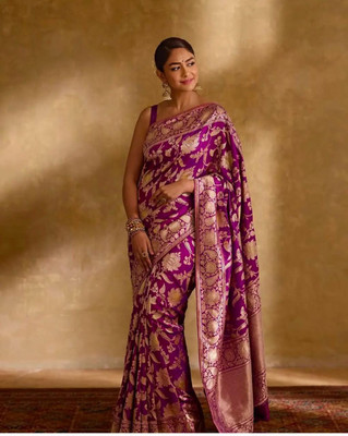 Varda Woven, Floral Print Banarasi Art Silk Saree(Purple)