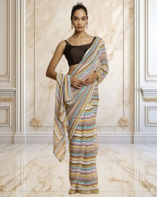 Jayu Digital Print, Embroidered, Printed, Striped Bollywood Georgette Saree(Brown)