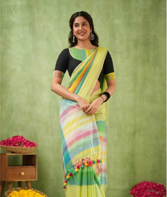 SMRITI BOUTIQUE Solid/Plain Handloom Handloom Pure Cotton Saree(Light Green, Multicolor)