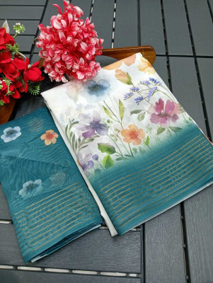 HouseOfCommon Floral Print Chanderi Chanderi, Pure Silk Saree(White, Green)