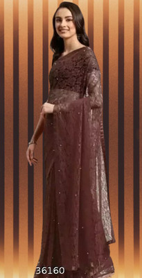 Fashion Field Solid/Plain Bollywood Net Saree(Brown)
